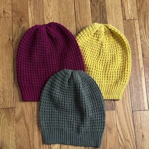 Set of Three Knit Beanies in golden yellow, maroon, green